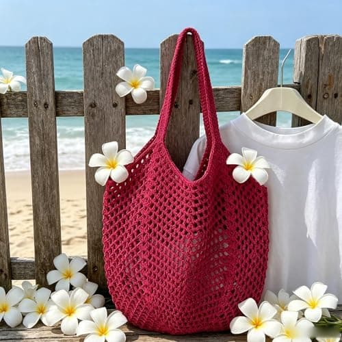 Openwork Mesh Crochet Straw Tote Bag for Women, Large Woven Hobo Handbag, Simple Summer Beach Bag (Red) — view 3