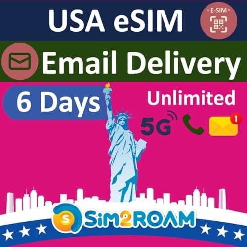 USA Travel eSIM, uses T-Mobile Network | 6 Days Unlimited 5G Data in USA (incl. Hawaii) | Low-Speed Data in Canada & Mexico | Unlimited Calls & Texts | USA Native eSIM | Instant Email Delivery