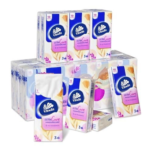 Vinda 3-Ply Ultra Care Pocket Tissues, Portable Toilet Paper,Travel Size (30 Packs of 10 Tissues) – Soft, Strong & Absorbent for Everyday Use