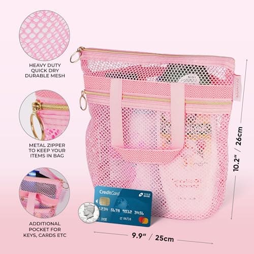 DV Lifestyle Mesh Shower Bag 25 x 26cm Caddy with Zipper & 2 Pockets. Quick-Dry Portable Toiletry Tote for Bathroom, Gym, Travel, Camp, Beach, for Sunscreen, Dorm & College Essentials (Pink) — view 2