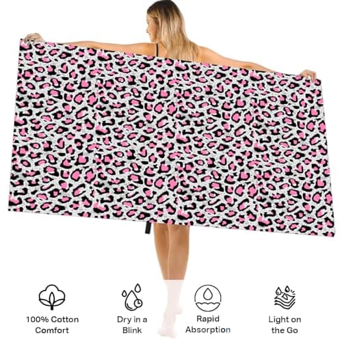 Large Quick Dry Microfibre Beach Bath Towel for Adult,Double Sides Pink Spots Leopard Sand Free Beach Towel with Bag,Lightweight Gym Yoga Sports Towel,Compact Travel Summer Beach Towel for Women Men — view 3