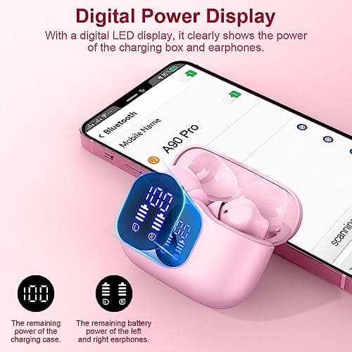 Wireless Earbuds, Bluetooth 5.4 Headphones In Ear with 4 ENC Noise Cancelling Mic, Bluetooth Earbuds Mini Deep Bass Stereo Sound, 36H Playtime LED Display Wireless Earphones IP7 Waterproof, Pink — view 6