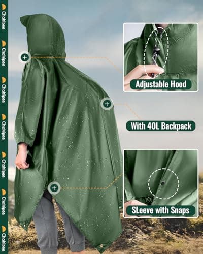 Chakipee Rain Waterproof Poncho Adult Reusable Rain Cape Lightweight with Transparent Pocket, Packable Poncho Multi-Purpose for Travel, Hiking, Camping, Festival Green — view 6