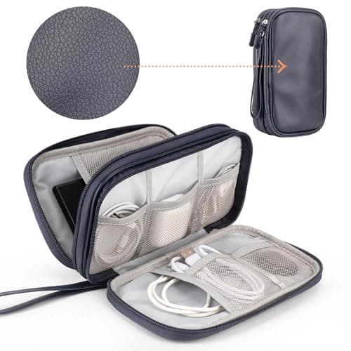 Arae PU Leather Cable Organizer Double Layer Travel Pouch, M Dark Blue — view 2