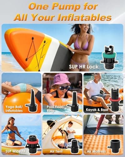 Rechargeable SUP Pump Cordless Paddle Board Pump, 12 PSI Smart Electric Air Pump with 7 Nozzles & Auto-Off, Portable Mini High Pressure Inflator for Kayak, Inflatable Boat, Tent, Pool Toys — view 6