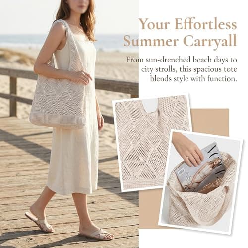 Solvio Crochet Boho Tote Bag, Shoulder Beach Tote, Women Knitted Handbags, Retro Hollow Woven Shoulder Bags, Woven Mesh Shopping Bag for Women's Summer Vacation — view 6
