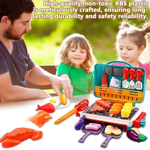 Kids BBQ Grill Toys Set, Kids Pretend Kitchen Role Play Set, Kitchen Toy Set with Spray Sound & Color-Changing Food 30+ PCS Play Kitchen Accessories,Simulation Camping Cooking Interactive Toys (Pink) — view 6