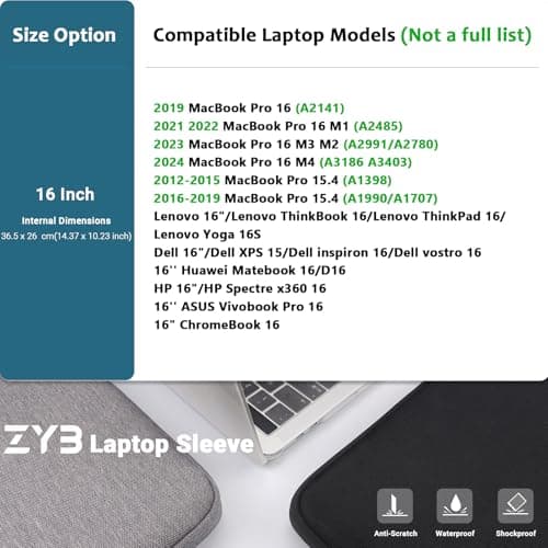 ZYB 16 Inch Laptop Sleeve Case,Shockproof Waterproof Notebook Case 16 Inch for 2021-2026 MacBook Pro 16 M5 M4 M3 M2 M1,16" Laptop Lenovo ThinkBook/IdeaPad HP Dell ASUS Acer Chromebook etc-Black — view 2