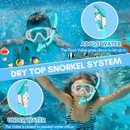HiiPeak Kids Snorkel Set, Dry Top Snorkel Mask Snorkelling Package, Snorkelling Diving Mask with Breathing Tube Panoramic View Tempered Glass Anti-Fog, Children Swimming Goggles,Snorkeling Gear — view 2
