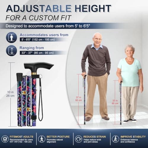 supregear Walking Stick - Adjustable Folding Walking Sticks for Women and Men - Lightweight Portable Collapsible Balancing Aid - Foldable Travel Cane for Ladies Elderly Adults, Black Large Floral — view 2
