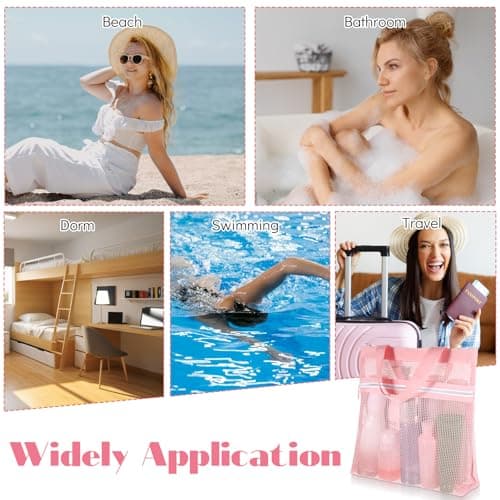 Portable Mesh Shower Bag, Small Mesh Shower Caddy Dorm for College Student, Double Layer Toiletry Tote Bag for Gym Travel Beach Bathroom Sunscreen (Pink) — view 4