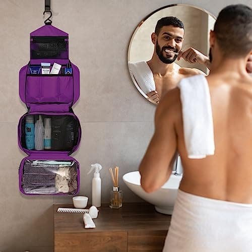 homchen Hanging Travel Toiletry Bag, Waterproof Folding Portable Cosmetic Wash Bag for Men and Women (Purple, M) — view 5