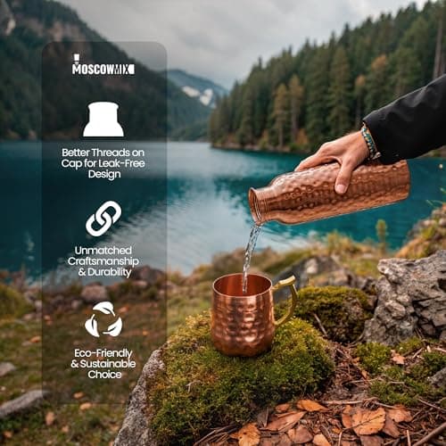 100% Copper Water Bottle - 34 oz Extra Large - Hammered Finish Pure Copper Water Bottle for Drinking - Handcrafted Ayurvedic Leak-Proof Vessel for Healthy Hydration - Premium Ocean Blue Gift Box — view 3