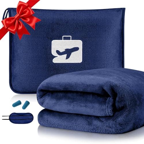 flintronic Travel Blanket and Pillow, 2 in 1 Airplane Blanket with Eye Mask and Ear Plugs, Compact Office Blankets, Lightweight & Portable Pillow for Long Flights and Trains (Navy Blue)