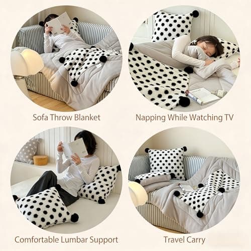 2 in 1 Travel Pillow Blanket, Soft Micro Plush Foldable Blanket Pillow, Flannel Throw for Flights Car Office Naps, Decorative Cushion Cover with Pom Poms Tassels, Warm Winter Travel Accessory (Brown) — view 5