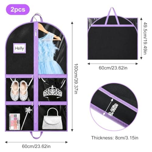 COEWUR Clothes Covers, 2Pack 40 inch Waterproof Hanging Costume Garment Bags with 4 Clear Zipper Pockets and Id Slot Pockets, Foldable Dance Costume Bag for Dancers Travel Competitions (Purple) — view 3