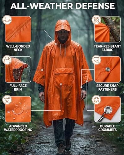 Victoper Waterproof Poncho Adult, Lightweight Reusable Rain Poncho Adult Waterproof for Outdoor Hiking Camping Cycling Traveling Waterproof Raincoat with Emergency Grommet Corners Orange — view 2