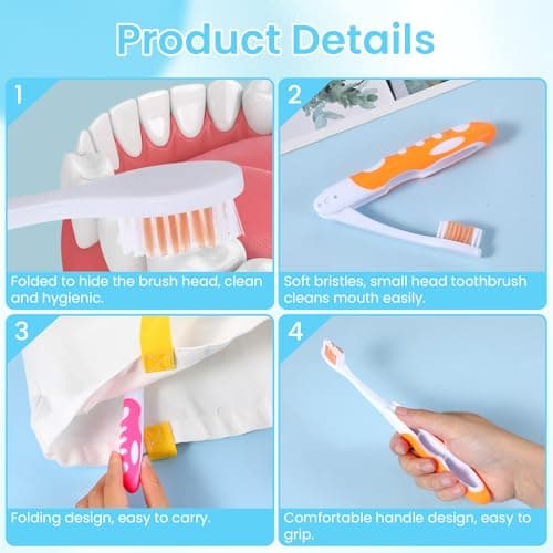 2 Pcs Travel Toothbrush, Soft Folding Toothbrush, Mini Toothbrushes for Travel Camping Hiking (Orange and Pink) — view 3