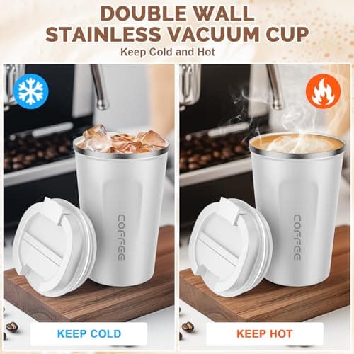MOMSIV White Coffee Cup, Vacuum Reusable Leakproof Double Wall Coffee Cup, Insulation Stainless Steel Eco-Friendly Travel Office Mug for Hot Coffee Tea and Cold Drinks, 13oz/380ml — view 4
