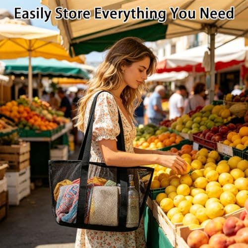 Ehuixinsheng Mesh Beach Bag for Women,Large Black Lightweight Foldable Quick Dry Handheld Hollow Mesh Tote Bags Summer Net Beach Bag for Holiday Travel School Work Shopping Swimming — view 6