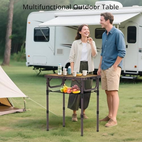 Anbte 2ft Camping Table Foldable with Storage Net, 3 Adjustable Heights 27.5" Aluminum Small Portable Table With Carrying Handle, For Outdoor Indoor Picnic Beach Party Travel, 24" X 16", Brown — view 2