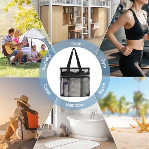 OSDUE Mesh Shower Caddy Bag, 2PCS Portable Toiletry Tote Hanging Wash Bag with Zipper, Quick Dry Shower Tote Bag for College Dorms, Gym, Swimming, Beach, Camping, Travel(Black) — view 6
