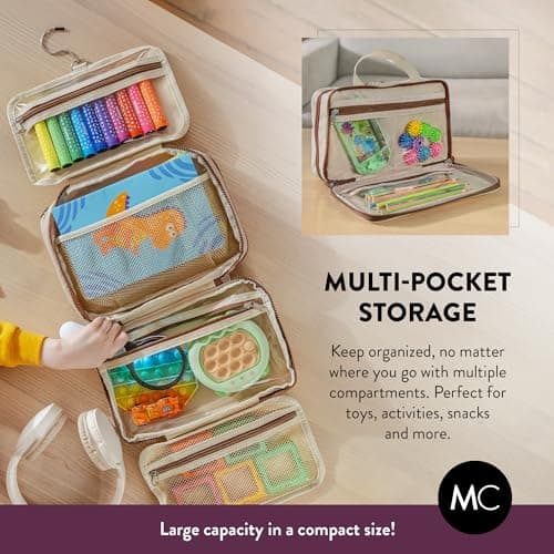 Kids Travel Organizer – Multi-Compartment, Water-Resistant Hanging Bag for Toys, Snacks, & Activities - Compact, Lightweight Design with Hook & Carry Handle - Perfect for Travel Use (Beige, Small) — view 4