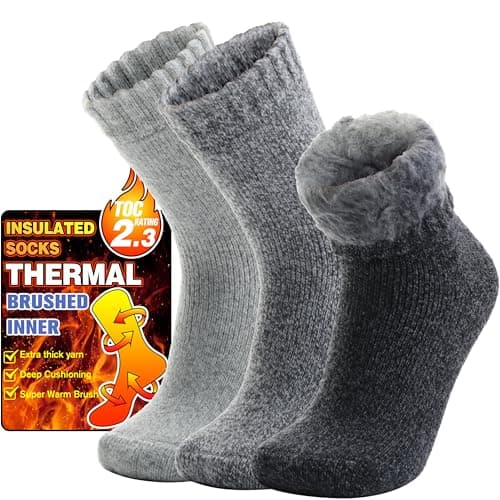Welwoos Heated Thermal Socks for Women Winter Warm Ski Thick Boot Insulated Gift Socks Stocking Fillers for Women 3 Pairs (Grey & Black A,L)