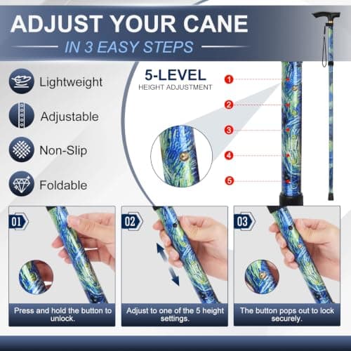 supregear Walking Stick - Adjustable Folding Walking Sticks for Women and Men - Lightweight Portable Collapsible Balancing Aid - Foldable Travel Cane for Ladies Elderly Adults, Oriental Blue — view 3