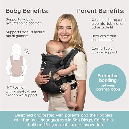 Infantino Flip Luxe 4-in-1 Convertible Baby Carrier, Ergonomic Infant to Toddler Carrier, Updated Lumbar Support, Premium Herringbone Fabric, Elevated Accents, Hands-Free Comfort, 3,2-16 kg, Onyx — view 4