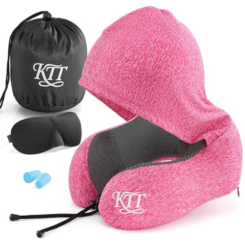 KTT Pink Memory Foam Hooded Travel Pillow Kit Eye Mask & Earplugs