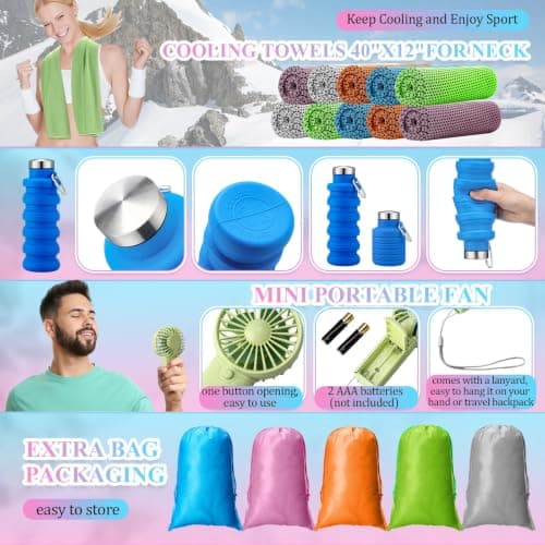 Wovnet 16 Set Theme Park Necessities Cruise Ship Accessory Kit Collapsible Water Bottle Cooling Towel Fan Drawstring Bag for Summer Amusement Park Outdoor Team Travel Cruise Gift Fitness Sport Favor — view 3