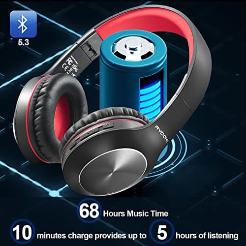 Rydohi Bluetooth Headphones Over Ear, 68H Playtime and 3 EQ Music Modes Wireless Headphones with Microphone/Deep Bass, HiFi Stereo Foldable Lightweight Headset for PC Home Travel Office(BLACK-RED) — view 2