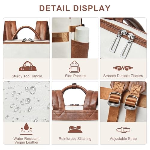 Shrrie Laptop Backpack for Women,Vegan Leather Backpack Work Computer Backpacks fits 16" Laptop,Water Resistant Teacher Nurse Casual Daypack for Weekender Camping Travel,Beige with Brown — view 6