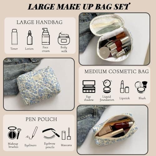 Aucuu 3PCS Coquette Makeup Bag, Quilted Makeup Bag for Women, Floral Cotton Cosmetic Bag Set, Large Capacity Aesthetic Floral Toiletry Bag, Travel Toiletry Bag, Wash Organizer Pouch for Women Girls — view 4