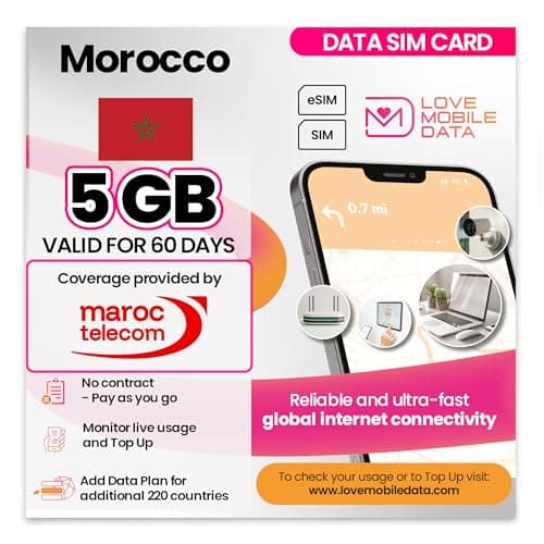 Love Mobile Data Only Sim Card - International Multi-Network 4G/5G Prepaid Pay As You Go Data Sim for Mobile Phones, WiFi Routers & More, UK and Morocco (maroc telecom) - 5GB for 60 Days