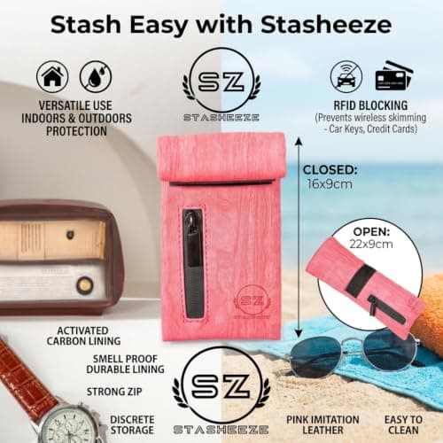 Stasheeze Faraday Pouch Smell Proof Bag Container Case Odour Proof Bags Carbon Lined Storage Bag 16x9cm Waterproof Immitation Leather (Pink) 22x9cm Unfolded Pink Rose Waves — view 4