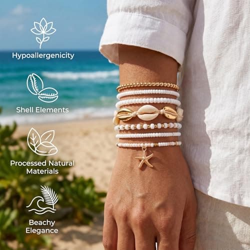 Xqzbmt 7Pcs Summer Beach Bracelets, Beaded Boho Bracelets for Women Shell Starfish Stackable Bracelets Set, Elastic Layered Bracelet Stack, Aesthetic Mermaid Beach Accessories Gift for Summer Holiday — view 5