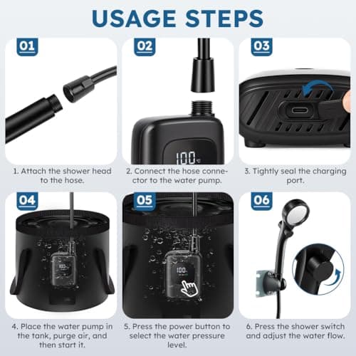 AUAUY Portable Shower for Camping, 3600mAh USB-C Rechargeable Battery Pump — view 5