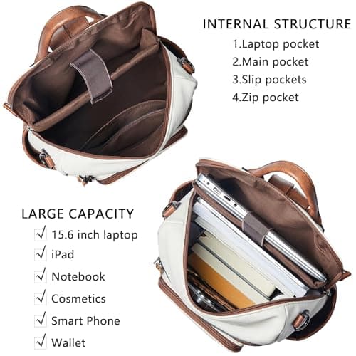 Shrrie Vegan Leather Laptop Backpack for Women 15.6 inch Work Backpack Fashion Travel Backpack Purse for Business College-Beige with Brown — view 4