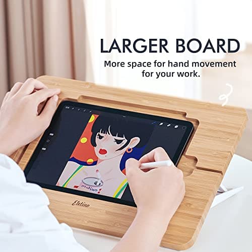 ELETIUO Upgraded Bamboo Wooden Drawing Ipad Holder with Pencil&Charger Cable Slot, Multi-Angle Adjustable Tablet Desktop,Foldable Portable Stand,Compatible with 12.9 inch ipad pro 3rd/4th/ 5th Gen — view 4