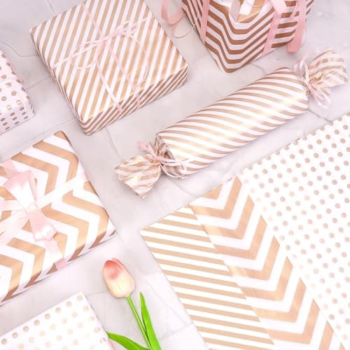 Larcenciel Tissue Paper Sheets, 30 Pcs Metallic Rose Gold Tissue Paper for Wrapping Gifts Gift Bags, Glitter Wavy Striped Tissue Wrapping Paper for Birthday, Wedding, Christmas, Valentines, 50 x 35 cm — view 3