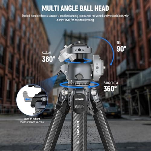 NEEWER LITETRIP LT38 61" Travel Tripod Carbon Fiber for Camera, 360° Pan Tilt Low Profile Ball Head, Flexible Center Axis, Arca QR Plate Compatible with Peak Design Tripod Clip V3, Max Load 22lb — view 5