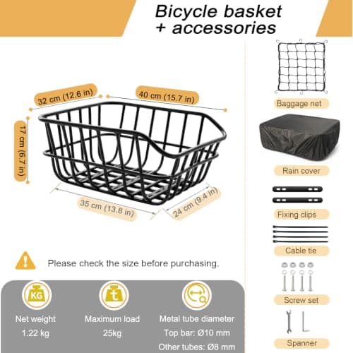 HopesEager Rear Bicycle Basket with Rain Cover, Luggage Net, Large Metal Bicycle Basket at the Back, Robust Rear Bicycle Basket for Most Bicycles and E-Bikes — view 2