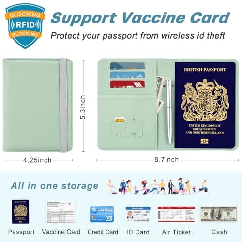 DMLuna Passport Holder, Premium PU Leather Travel Passport Wallet, RFID Blocking Passport Cover Case Travel Documents Organizer with Pen Holder, for Women and Men, Agave Green — view 2