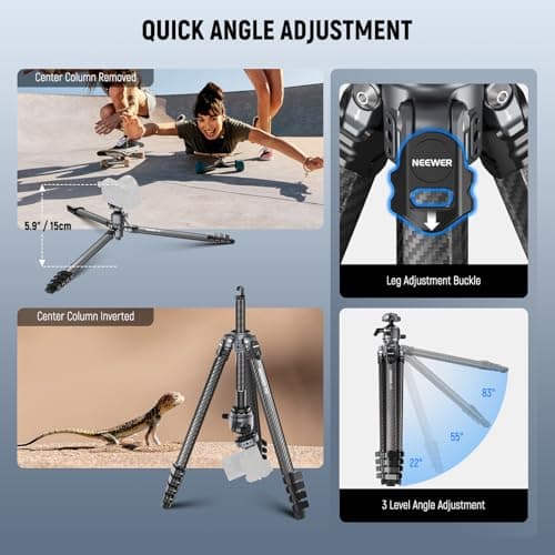 NEEWER LITETRIP LT38 61" Travel Tripod Carbon Fiber for Camera, 360° Pan Tilt Low Profile Ball Head, Flexible Center Axis, Arca QR Plate Compatible with Peak Design Tripod Clip V3, Max Load 22lb — view 4