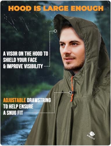 Anyoo Waterproof Rain Poncho weight Reusable Hiking Rain Coat Jacket with Hood for Boys Men Women Adults, 1 Army Green, — view 4