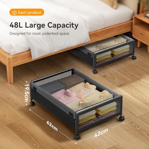 Warmiehomy Underbed Storage on Wheels 2 Pack Storage Boxes with Lid Metal Frame Under Bed Shoe Storage Visible Under The Bed,Storage for Clothes Shoes Toys Blankets — view 3