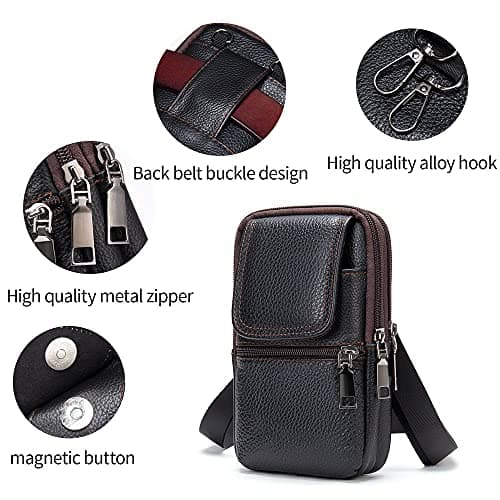 Cell Phone Waist Pouch Leather Men, Crossbody Phone Bag Mens, Vertical PU Leather Shoulder Messenger Bag Travel Crossbody Pack Belt Clip Holster Wallet Purse for Cell Phone/Mini Tablet — view 4