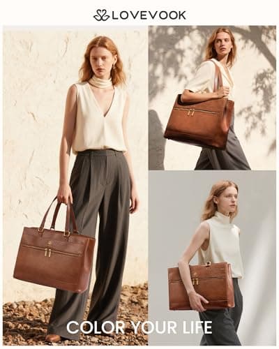 LOVEVOOK Laptop Handbags for Women, 17.3 Inch Large Tote Bag Ladies Work Bags with Compartments, Vintage-Style Leather Laptop Bags Womens Handbag Shoulder Bag for School Office Business, Brown — view 2